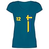 Fussball WM 2022 Fanartikel - 12. Mann Schweden Emblem - L - Türkis - schweden Shirt Damen - XO1525 - Damen T-Shirt mit V