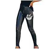 AMINIY Lederhosen Damen Sexy Hohe Taille Leder Leggings Mode Schwarz Halloween Prints Leggings Lederimitat Taille PU Lederoptik Glanzleggings Hüfthoch Hohe Skinny Kunstleder Leder H
