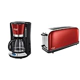 Russell Hobbs Digitale Kaffeemaschine Colours+ rot, 1,25l Glaskanne, bis 10 Tassen & Toaster Langschlitz Colours+ rot, extra breite 1 Langschlitzkammer, 6 Bräunungsstufen + Auftaufunk