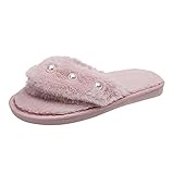 Damen Kunstpelz Slipper Offene Zehe Hausschuhe Plüsch Fell Latschen Gemütliche Flauschige Pantoffeln Open Toe Flache Frauen Bequeme Memory Foam Schlappen Slides Rutschfeste Indoor/O