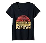 Damen Papitän Vater Papa Kapitän Lustiger Retro Segelboot Vatertag T-Shirt mit V