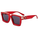 Dollger Übergroße quadratische Sonnenbrille Hip Hop schwarze Retro Millionär Sonnenbrille für Männer Frauen Metall UV400 Schutz(Roter Rahmen grau)