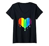 Damen Regenbogen Herz LGBTQ T-Shirt mit V