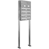 AL Briefkastensysteme 4er Briefkasten mit Klingel als Standbriefkasten, 4 Fach Briefkastenanlage in Edelstahl rostfrei Postk