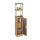 Relaxdays Badregal Bambus mit 5 Ablagen, Standregal mit Schranktür HxBxT: 170 x 33,5 x 28 cm, Badschrank stehend,