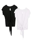 icyzone Damen Rückenfrei Sport T-Shirt Kurzarm Oberteil Yoga Tops Casual Shirt Loose Fit, 2er Pack (M, Black/White)