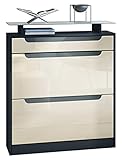 Vladon Schuhschrank Fiesta, Schuhkipper für 16 Paar Schuhe mit 2 Klappen, Schublade und Glasablage, Schwarz matt/Creme Hochglanz, Griffmulden in Grau Hochglanz (89 x 104 x 23 cm)