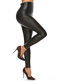 Hoppole Damen Kunstleder High Waist Leggings mit Bauchkontrolle Skinny Leder-Optik PU Hose Strumpfhosen Treggings Tgihts Lederhose Latex Jeggings Schwarz S