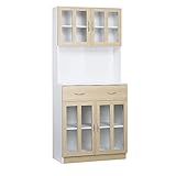 HOMCOM Küchenschrank 180 cm Küchenbuffet Hochschrank mit Glastüren Geschirrschrank Esszimmerschrank mit Schubladen Schrank elegant Weiß+Natur 80 x 40 x 180