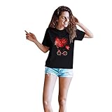 MRULIC Oberteil Damen T-Shirts Tops Kurzarm Rundhals Valentinstag Drucken Frauen Pullover Blusen FrüHling Sommer Shirts (A1 Schwarz,XL)
