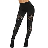 LOPILY Hose Damen Spitze Leggings Mesh Treggings Damen Stretchhose High Waist Modisch Winter Leggins Damen Lang Skinny Hüfthosen Schwarz mit Löchern Röhrenhosen mit Gummizug (Schwarz, S)