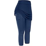 Einfarbig Leggings Mit Rock Damen High Waist Push Up Elastische Hosenrock Tennisrock Mit Hose Sport Yoga Lauf Fitness Workout Skort Caprihose Legging Mit Taschen Leggings für D