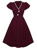 VILOREE Retro 1950er Damen Kleid V-Ausschnitt Faltenrock Swing Cocktailkleider Party Abschlussball Burgundy S