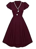 VILOREE Retro 1950er Damen Kleid V-Ausschnitt Faltenrock Swing Cocktailkleider Party Abschlussball Burgundy S