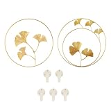 2 Stück Gold Eisen Wandskulpturen mit 4 Bilderhaken, Natur Gingko Biloba Art Hängendes Ornament, Runde Wandbehang für Schlafzimmer Hintergrund Wanddekoration (2 Stück)