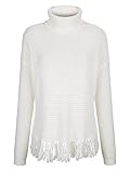 Alba Moda Damen Feinstrick Pullover Langarm mit Rollkragen aus Baumwolle mit Trendiger Fransenverarbeitung