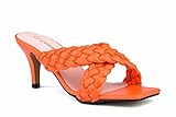 ComeShun Damen-Pantoletten mit niedrigem Kitten-Absatz, überkreuzte Zöpfe, Riemen, Sandalen, Schlupfschuhe, Kleid, Orange/Rot, 38 EU