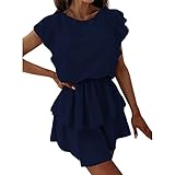 Doppelschicht Wellenförm Ärmeln Volant Rocksaum Kleid Damen Elegant Ärmelloses Rundhals Tunika Kleider Knielang Midikleid Fashion Slim Fit Dress Wunderschön A-Linie Rock für Party Abend S