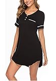 OCCIENTEC Damen Nachthemd Nachtwäsche Nachtkleid Kurzarm Rundhals Lässige Schlafshirt Schlafhemd Sleepshirt Schlafanzug Damen Sleepwear Mit Vordertasche Für Sommer(Schwarz-009, L)