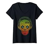 Damen Skull DJ mit Kopfhörern, Electronica, Techno, Drum und Bass T-Shirt mit V