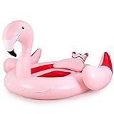 COSTWAY Aufblasbare Flamingo Schwimminsel für 4-6 Personen, Riesen Badeinsel mit Schwimmring Luftpumpe & 6 Getränkehaltern, Island Lounge Luftmatratze 480kg Tragkraft 320x308x175