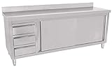 Beeketal 'BAS200-60L' Gastro Edelstahl Küchenschrank mit 3 Schubladen (links), 2 Rolltüren und 4 verstellbaren Standfüßen, Küchen Arbeitsplatte mit 10 cm Aufkantung - (L/B/H) ca. 2000 x 600 x 950