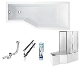 ECOLAM Duschbadewanne Set Badewanne + Badewannenabtrennung Duschwand Eckbadewanne Integra Acryl weiß 170x75 cm RECHTS + Schürze Ablaufgarnitur Ab- und Überlauf Automatik Füße Silikon raumsp