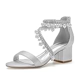 YiLuFanHua Damen Hochzeitsschuhe Mittlerer Blockabsatz Offener Zeh Sommer Sandalen Süß Satin Strass Imitation Pearl Reißverschluss Brautschuhe Für Hochzeit Oder Abschlussball,Silber,36 EU
