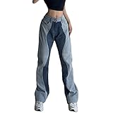 Patchwork-Denim-Jeans mit weitem Bein und mittlerer Taille für Frauen, Distressed Casual Lange Hosen Kontrastfarbene Hosen (Blue,M)