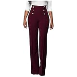 SSLLM Damen Hose Mode Zweireihiger Knopf Freizeithose Schlaghose Weitem Bein Casual Schlupfhose Business Stil Hohe Taille Legging Hosen Stoffhose Elegante Herbst S