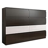 FRAMIRE R-140-S8 Kommode in Wenge Eiche, weißer Glanz an den Fronten von 2 Schubladen, Kommode mit 8 Schubladen, Schrank für Schlafzimmer, Wohnzimmer, Bad, 140 x 98 x 40