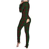 HFStorry Damen Warm Einteiler Schlafanzug Winter Gedruckt Patchwork Langarm V-Ausschnitt Mit Kapuze Overall Pyjamas Kuschelig Knopf Spleißen Onesie Strampler Unterwäsche Thermow