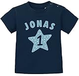 SpecialMe® personalisiertes Baby T-Shirt Name und Zahl 1 zum ersten Geburtstag Motiv Stern Junge/Mädchen Jungen dunkelblau 92/98 (16-24-Monate)