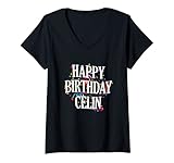 Damen Happy Birthday Celin Mädchen Vorname Buntes Geburtstag T-Shirt mit V