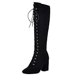 MISSUIT Damen Schnür High Heels Stiefel Blockabsatz Kniehohe Stiefel Reißverschluss Hohe High Knee Stiefel Winterboots(Schwarz,40)