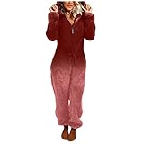 Jumpsuit Damen Kuschelig Pyjama Farbverlauf Overall Jumpsuit Mit Langarm Kapuzen Ohren Winter Warme Plüsch Rompe Reißverschluss Nachtwäsche Onesie Flauschige Schlafanzug