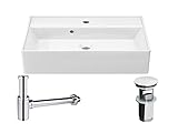 Aqua Bagno Basic | Design Waschbecken moderner Stil, Keramik, Aufsatzwaschbecken weiß, Set mit Zubehör | 50x38x13