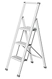 WENKO Alu-Design Klapptrittleiter 3-stufig Weiß, rutschfeste Haushaltsleiter, Sicherheits-S