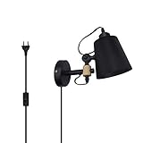 Luxvista Wandlampe mit schalter LED Vintage industrielle Wandleuchte aus Metall und Holz in Schwarz Leselampe mit Stecker Kabel E27 Fassung Nachtlicht für Schlafzimmer,W