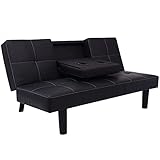 Nicoone Schlafsofa mit Klapptisch Ausklappbar 3 Sitzer Verstellbarer Winkel Schlafsessel, Tisch Sofa mit Schlaffunktion Kunstleder Schw