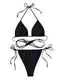SOLY HUX Damen Metallic Neckholder Top Zweiteiliger Badeanzug Tie Side Triangle Bikini, Schwarz Criss Cross, Larg