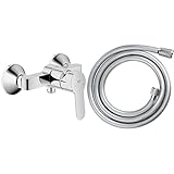 GROHE BauEdge | Badarmatur - Einhand-Brausebatterie, mit integriertem Rückschlagventil | chrom | 23333000 & Relexaflex | Brauseschlauch 1500 |chrom | 28151001