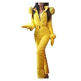 FASZFSAF Skianzug Skijacke Damen Einteiliger Jumpsuit, Schneeanzug Skihose Sets, Overall mit Kapuze, Tasche Verdicken Kordelzug Plüschjacke, Schneekleidung,Gelb,L