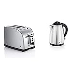 WMF Stelio Toaster Edelstahl, Doppelschlitz-Toaster mit Brötchenaufsatz, 980 W & BUENO Wasserkocher, 1,7 l, 2400 W, schnurlos, beleuchtete Wasserstandsanzeige, Kalk-Wasserfilter, cromargan matt/silb