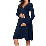 Damen Umstandsmode Casual Langarm Einfarbig Stillkleid zum Stillen mit Tasche (Navy, M)