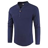 Sommer und Herbst V-Ausschnitt Baumwolle und Leinen Langarm-T-Shirt Herren Leinen locker Übergrößen-Bodenhemd EIN-Knopf-Langarm-T-Shirt Casual Slim Fit Basic Henley Shirt Langarm Fashion T-S