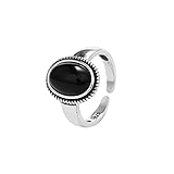 Achat Ring Damen, Persönlichkeit Vintage 925 Sterlingsilber mit Natürlich Schwarzem Onyx Edelsteinen Simple Open Adjustable Rings für Damen und M