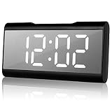 Keyohome Digitaler Wecker, LED Digital Spiegelalarm USB Wiederaufladbar, mit Schlummerfunktion/Temperaturanzeige/Kalenderanzeige/Nacht-M