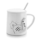 Tasse Katze, Becher Katze, Kaffeetasse Teetasse mit Deckel und Löffel, Keramik Weiß mit Süßem Katzenmotiv 3D Schwanz, Geschenk für Katzenliebhaber Katzenbesitzer Kollegin Freundin Kinder Geburtstag