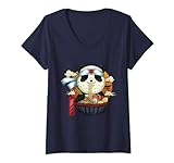 Damen Kawaii Ramen Neko Japanese Noodle Anime Panda T-Shirt mit V